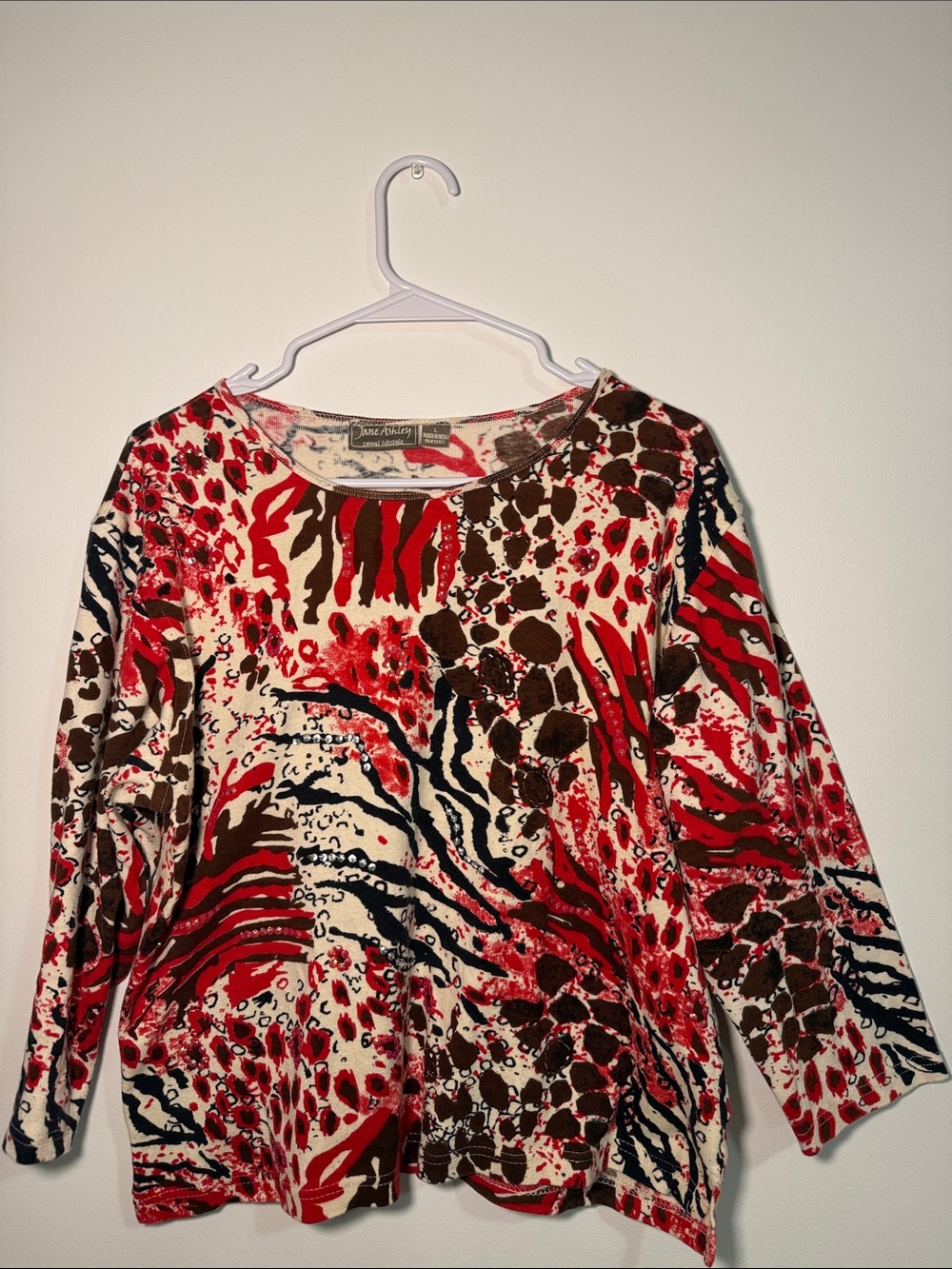 Vintage Jane Ashley Red Cream Brown Abstract Print Long Sleeve Tee